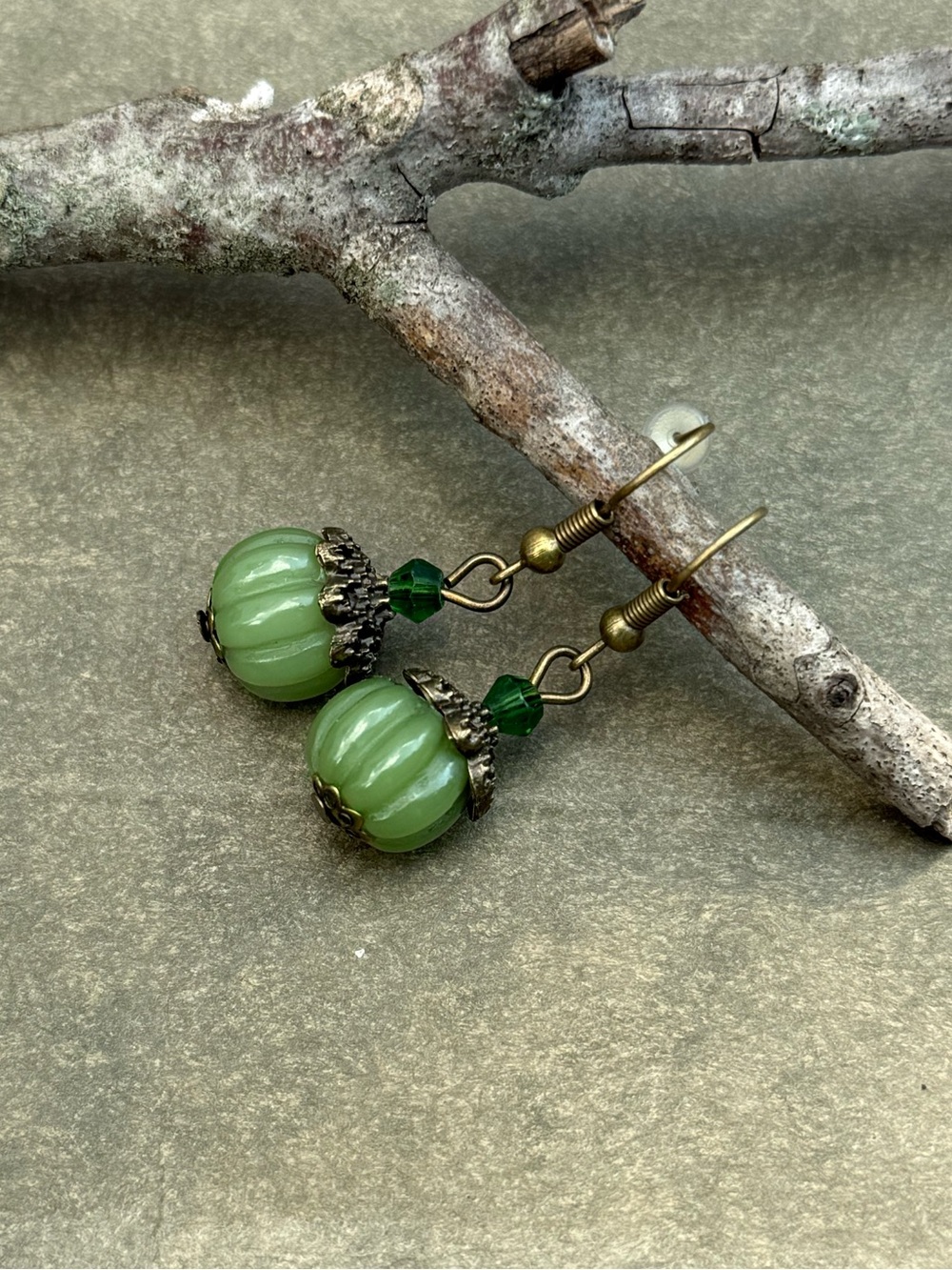Handcrafted Green Glass Bead Drop Earrings - Vintage Brass